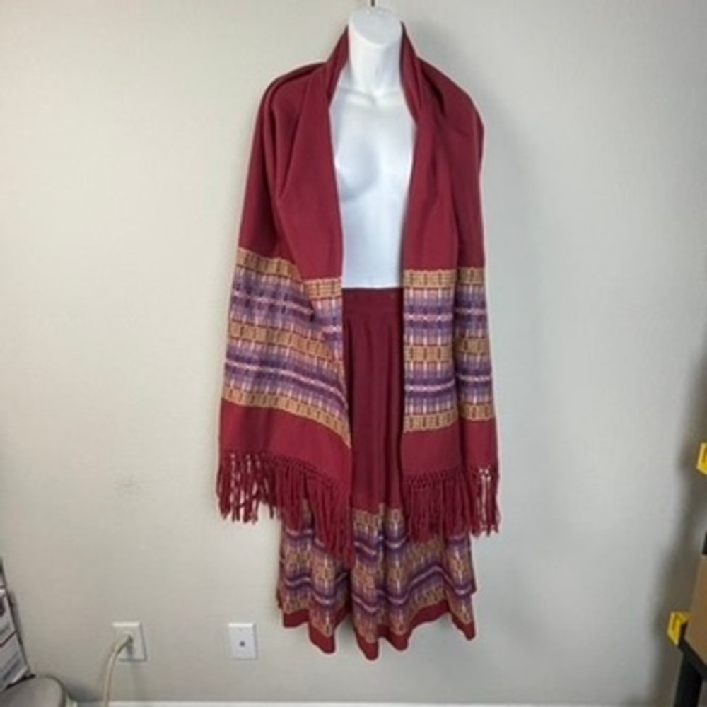 Marjory Jacobson Hand Woven Skirt & Shawl Set Burgundy‎ Geometric Boho Vintage